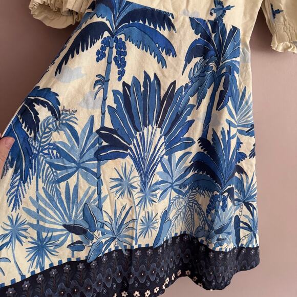 Farm Rio Brazil Blue Bird and Palm Print Puff Sleeve Linen Mini Dress Medium - Picture 6 of 10